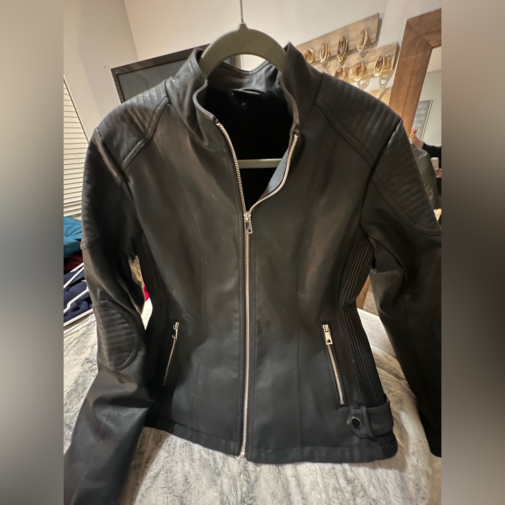 Women’s Black Faux Leather Jacket Lined with Fur w/Silver Zippers-Size L